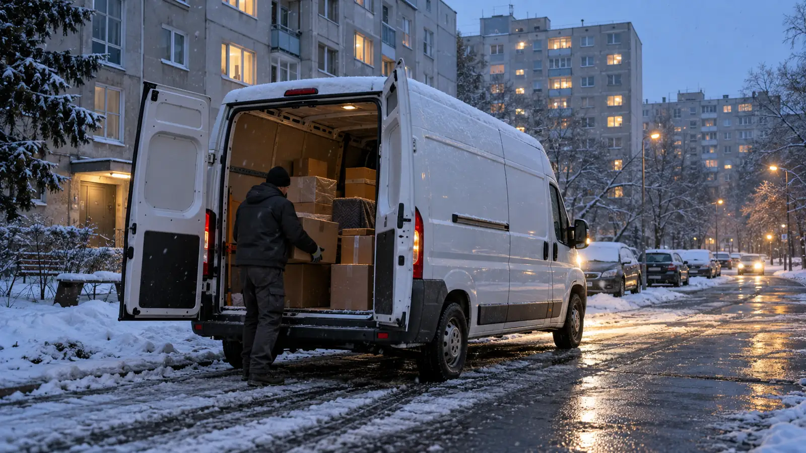 Mees laadib kolimiskaste valgesse kaubikusse lumisel Mustamäe tänaval talvehommikul